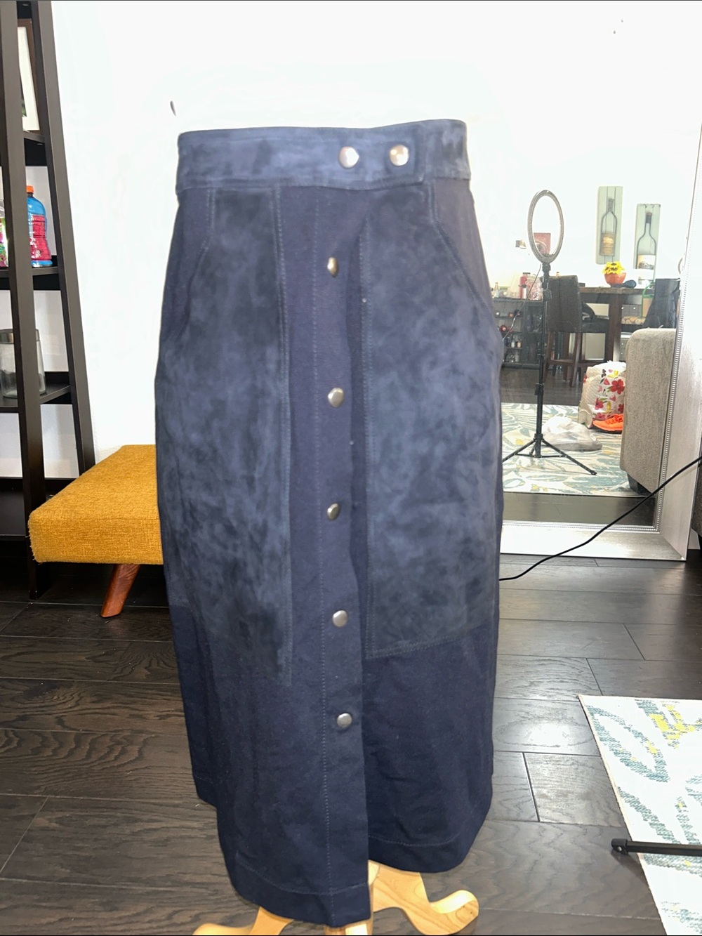 Theory Navy Suede-Panel Midi Skirt with Snap Front
